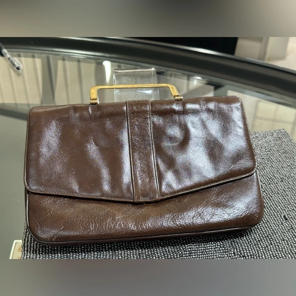 Vintage handbag with brass handles as seen on “Mad Men” vibe Mocha Brown